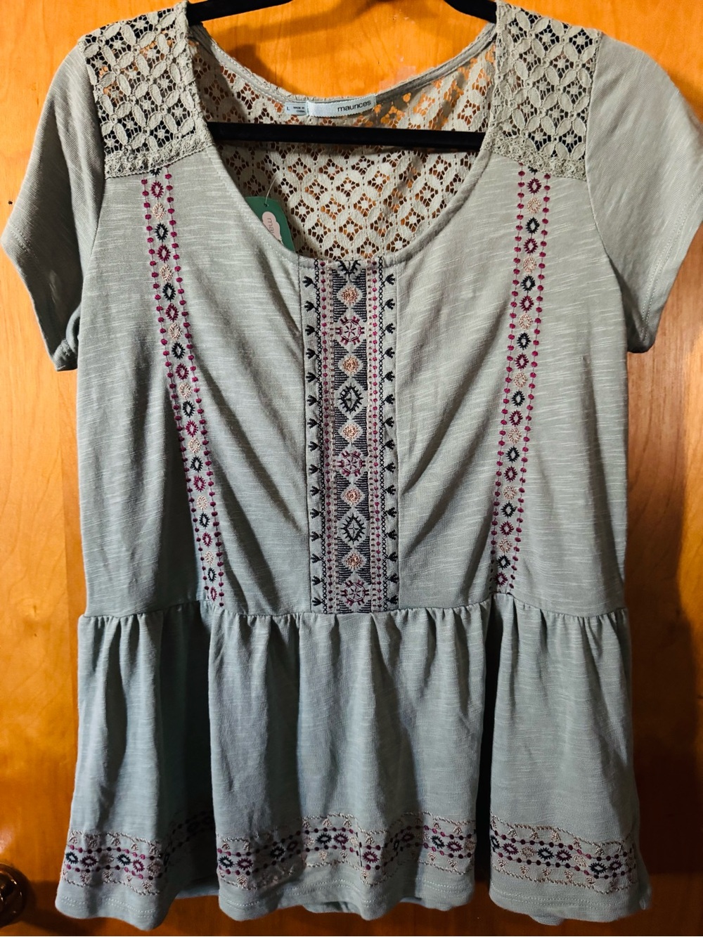 Maurices Sage Green Embroidered Peplum Tunic